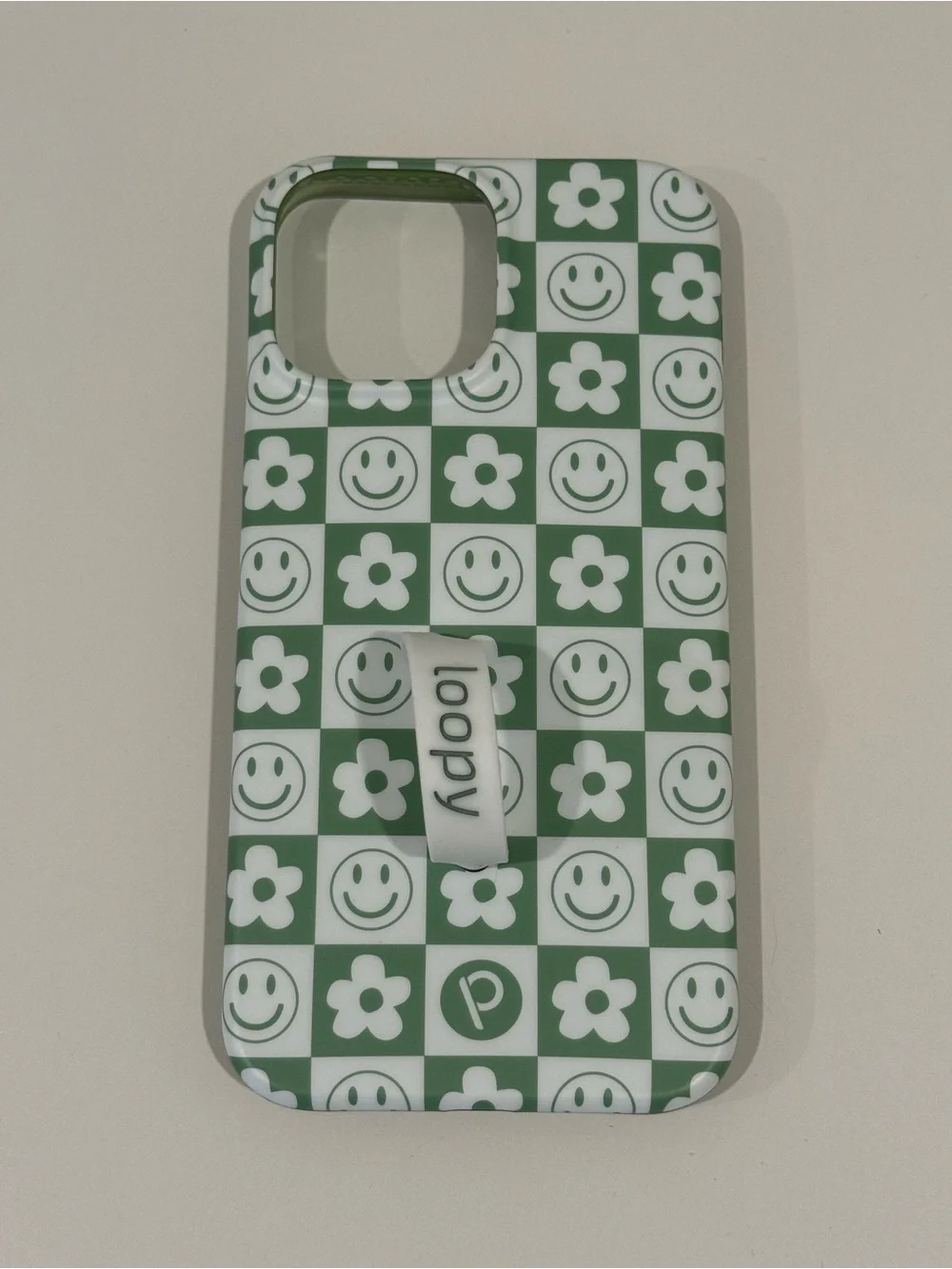 Loopy iPhone 12/ iPhone 13 Pro Max 6.7” Righty Green White Smiley+Flowers Case